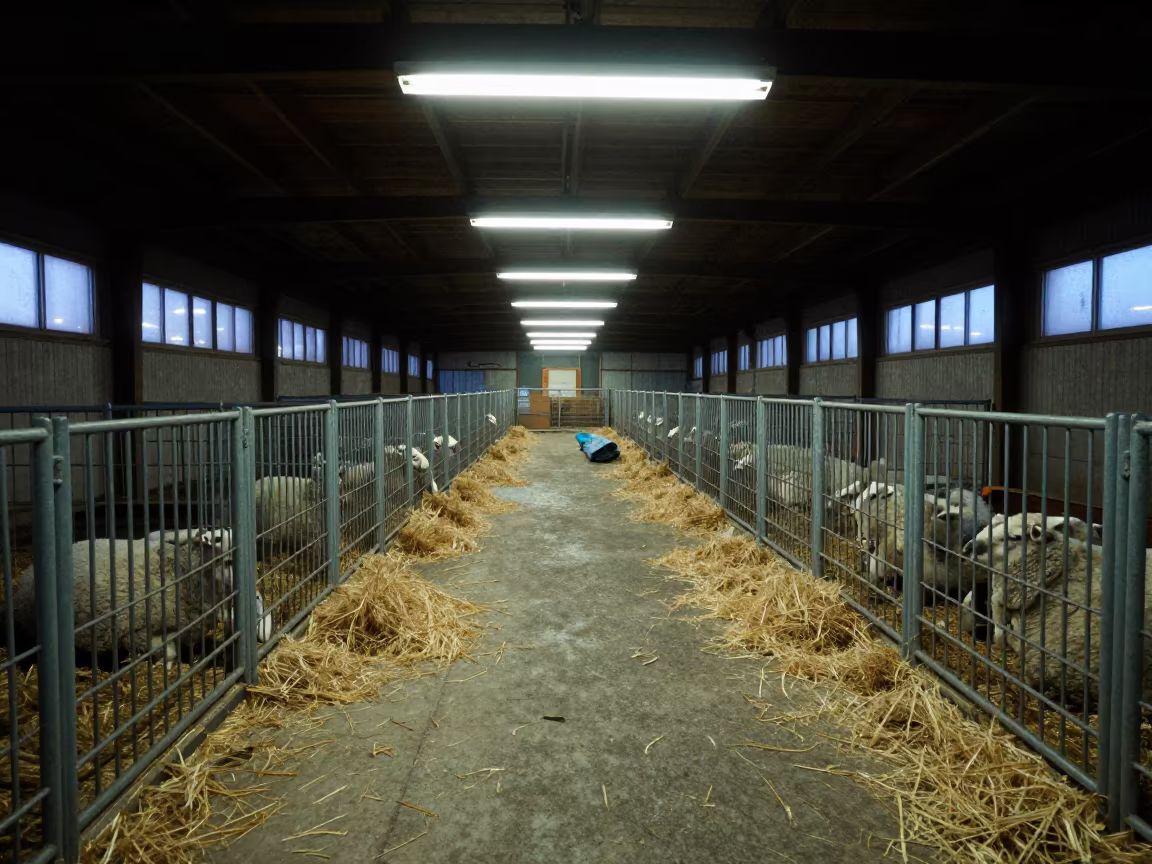 Predawn Lambing Pen in Canadian Stable in in a stable aisle in Canada