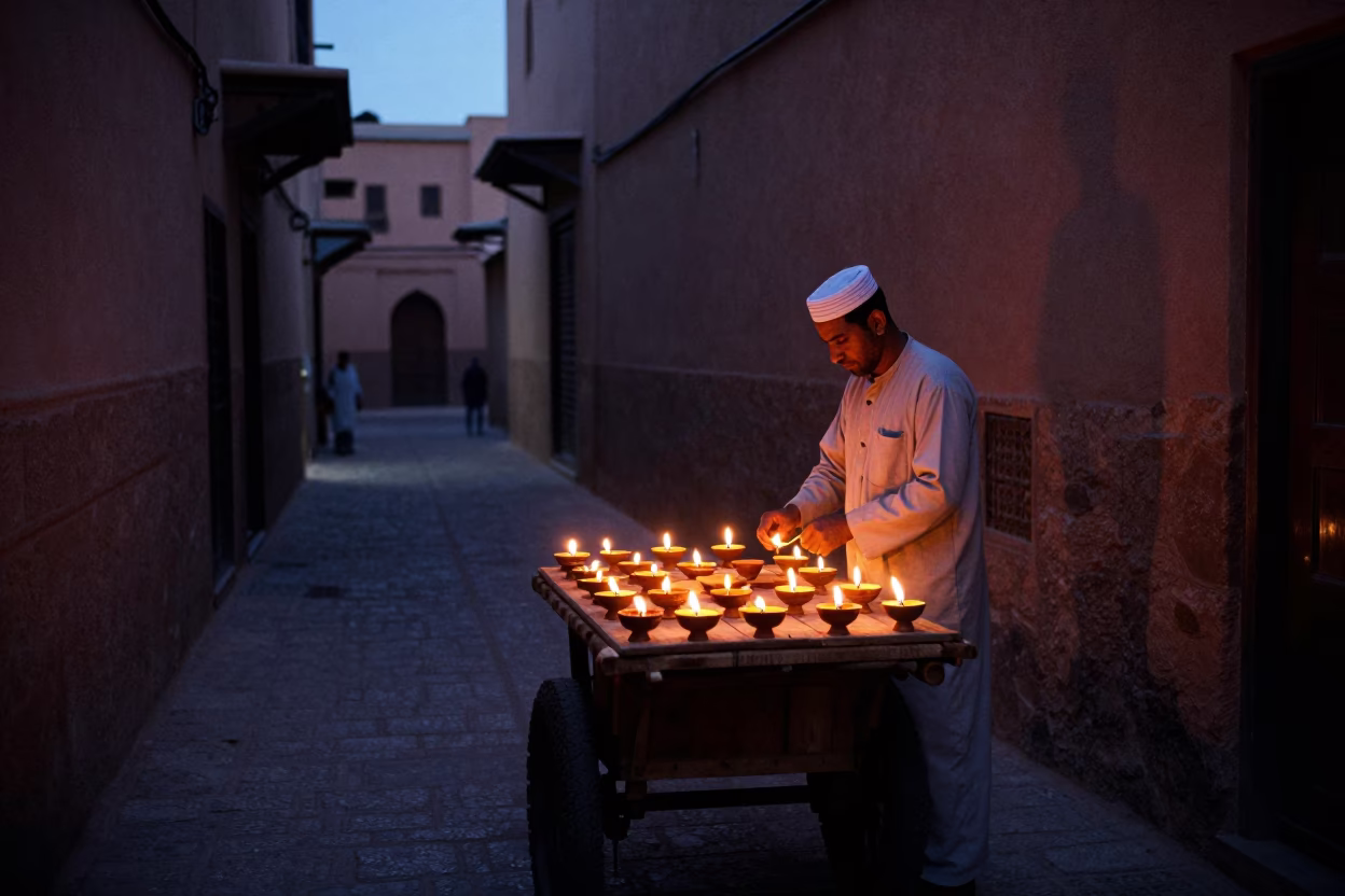Predawn Lantern Alley in Marrakech Morocco with Diwali Oil Lamps in in Marrakech, Morocco