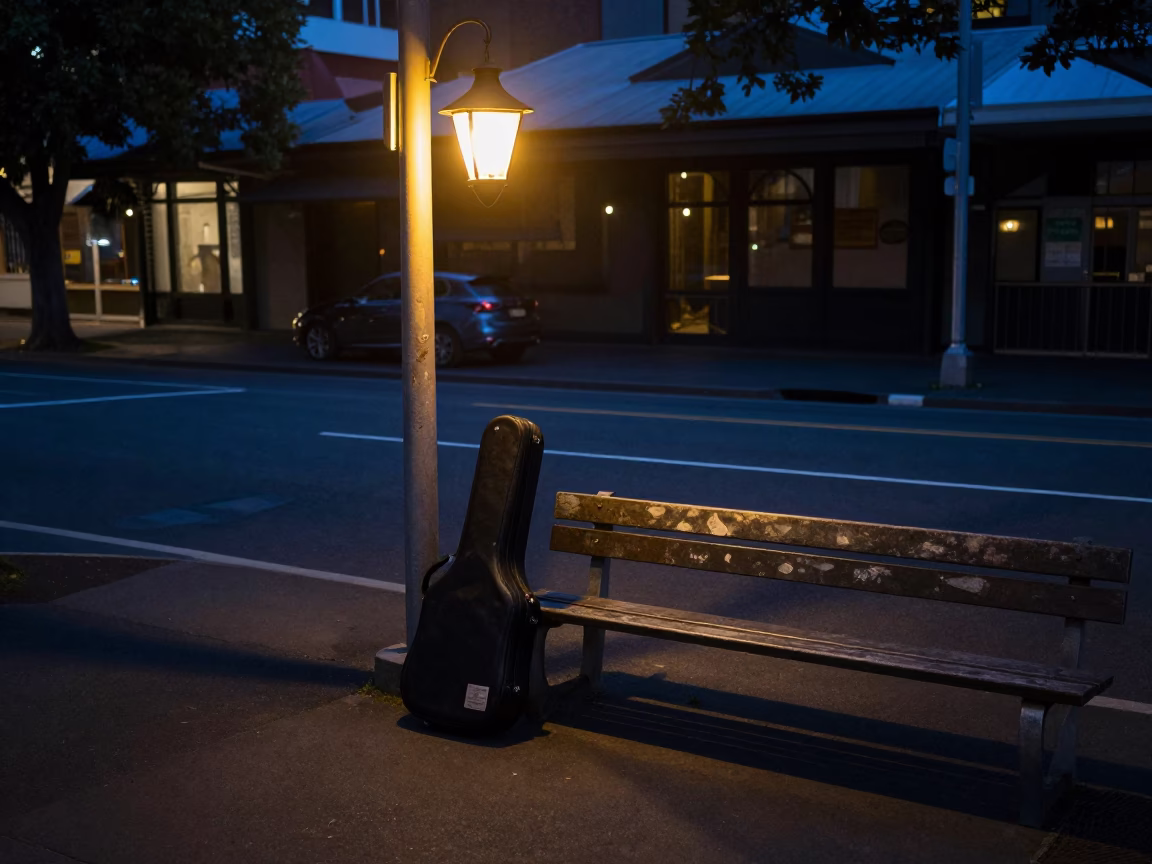 Predawn Lantern Glow on Melbourne Street Corner with Accordion Case and Rusty Bracket in in Melbourne, Victoria, Australia