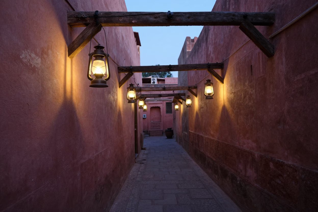 Predawn lantern-lit alley in old Jaipur India with rustic latch and bottle opener in in Jaipur, India