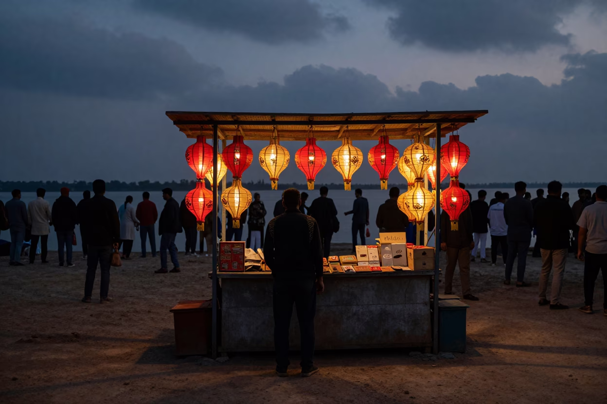 Predawn Lantern Stall Setup Kasur Waterfront in at a waterfront celebration near Kasur