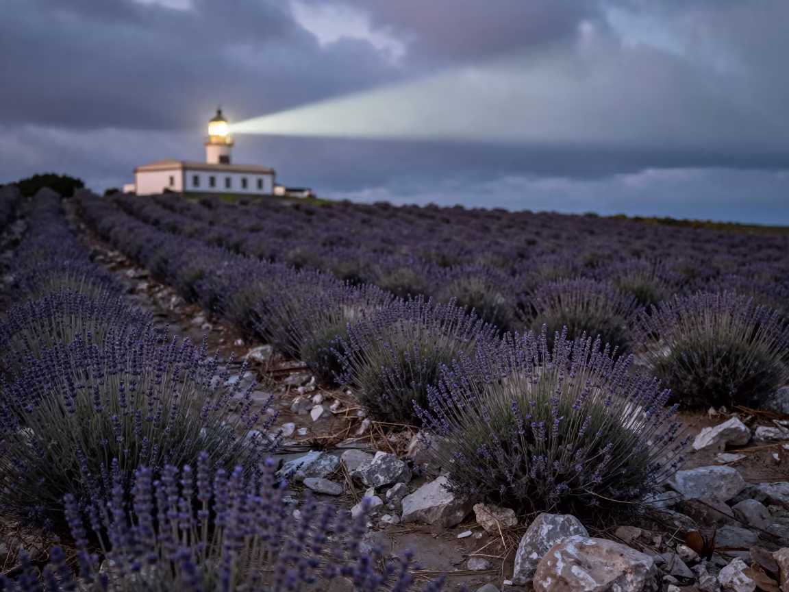 Predawn Lavender Rows Under Lighthouse Beam in along a salt-sprayed cliff edge in Paraná
