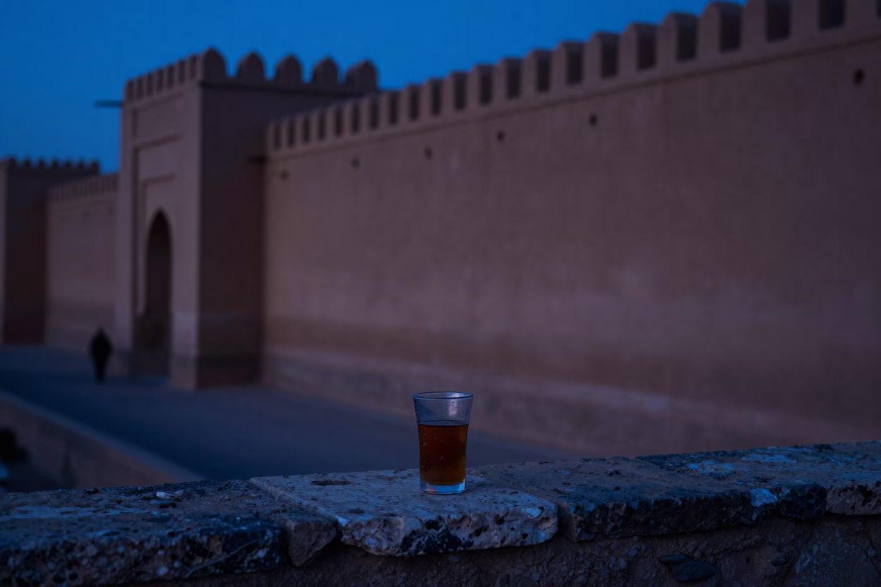 Predawn Light on Ancient Fez Medina Walls with Traditional Tea Stains and Wicker Shadows in in Fez, Morocco