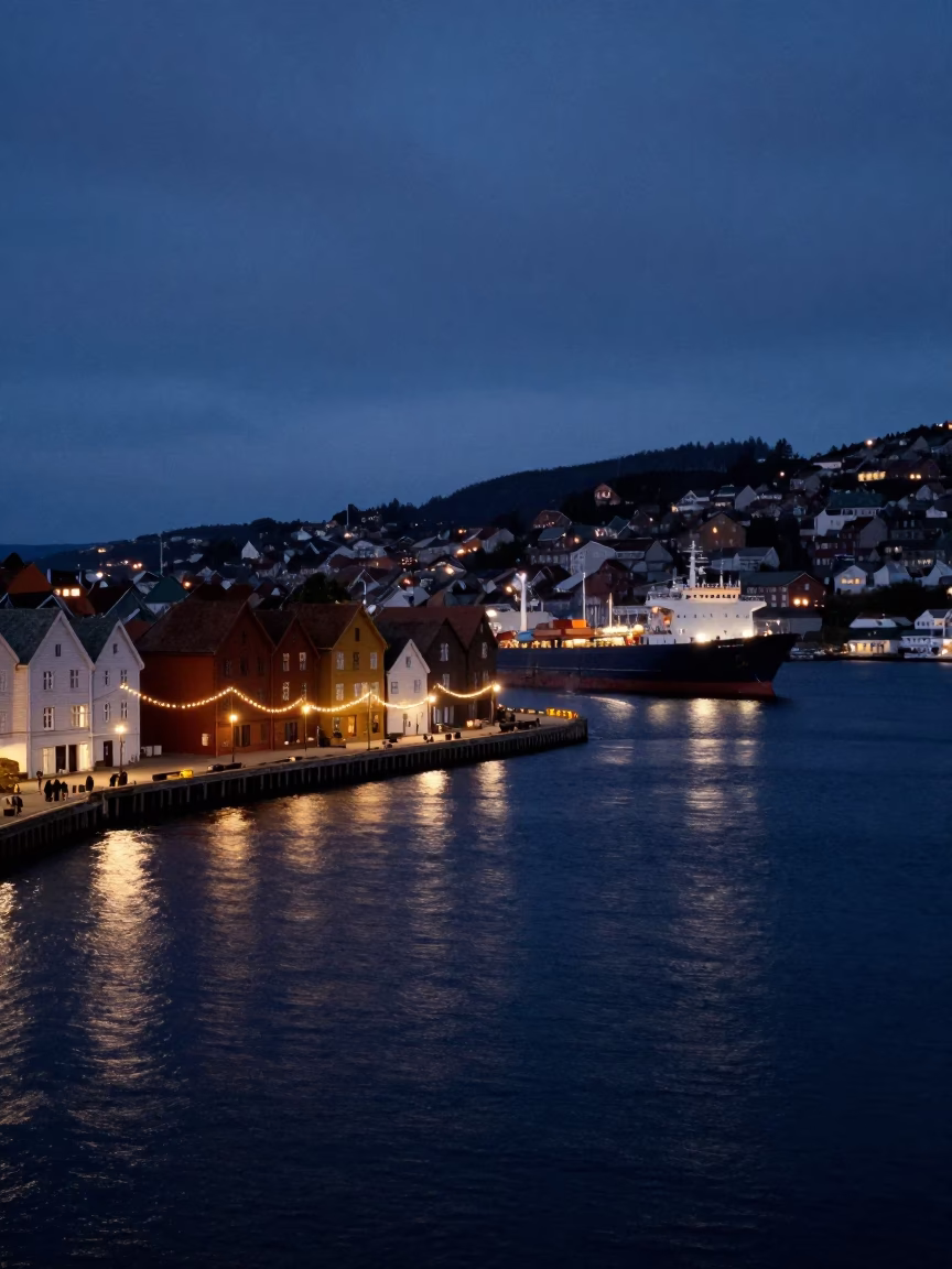 Predawn Light on Bergen Wharf with String Lights and Tanker Ship Reflections in in Bergen, Norway