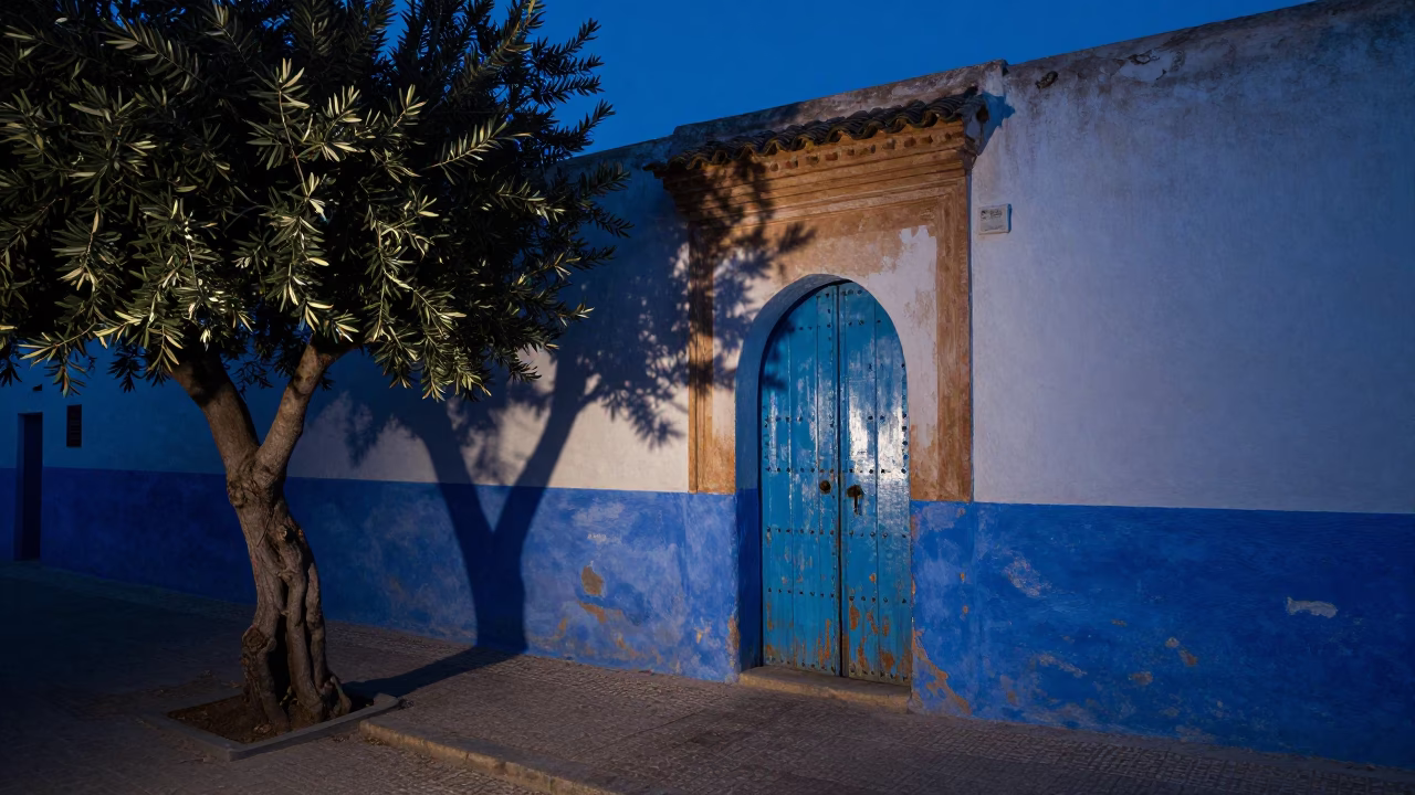 Predawn Light on Blue Gate and Olive Tree in Essaouira Morocco in in Essaouira, Morocco