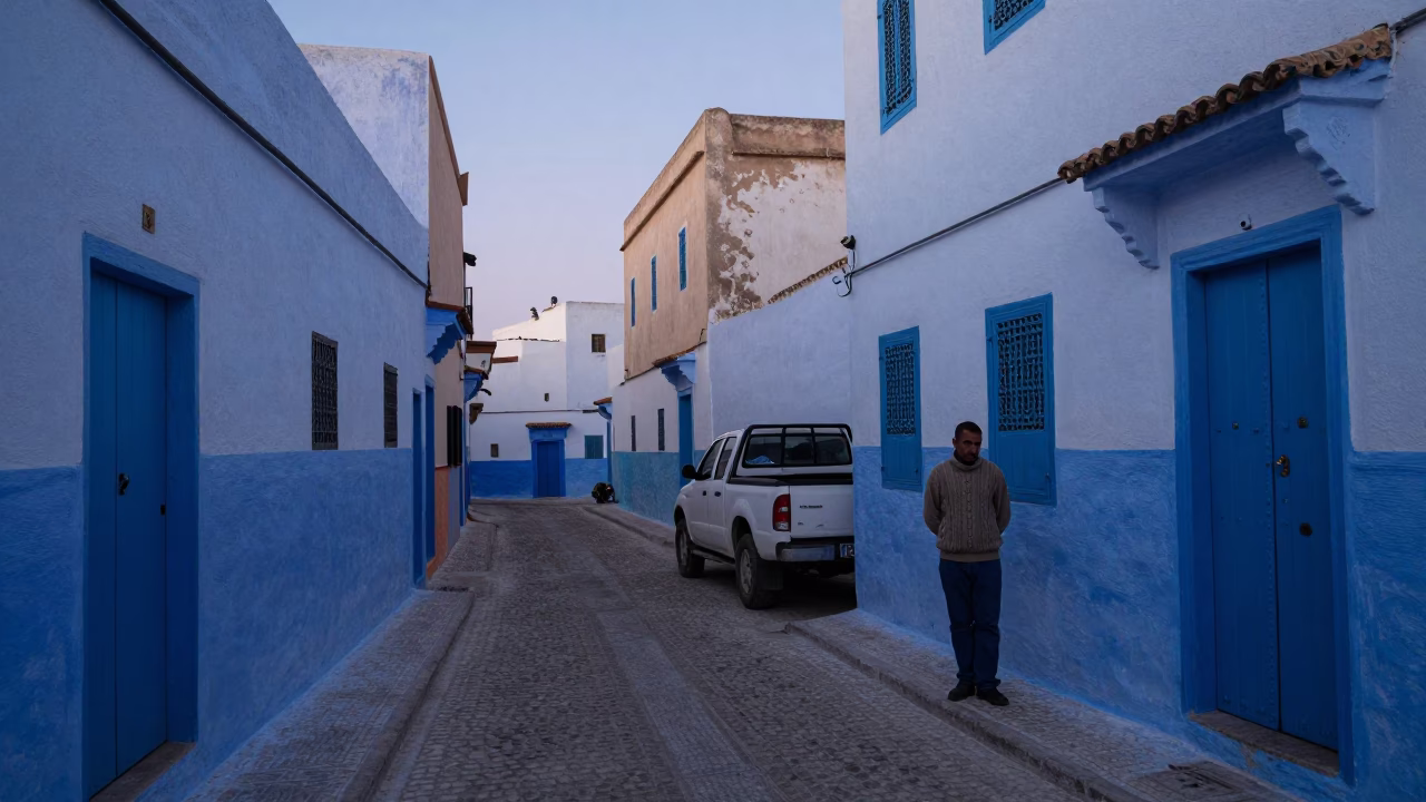 Predawn Light on Blue Shuttered Alleyway in Essaouira Morocco Street Scene in in Essaouira, Morocco