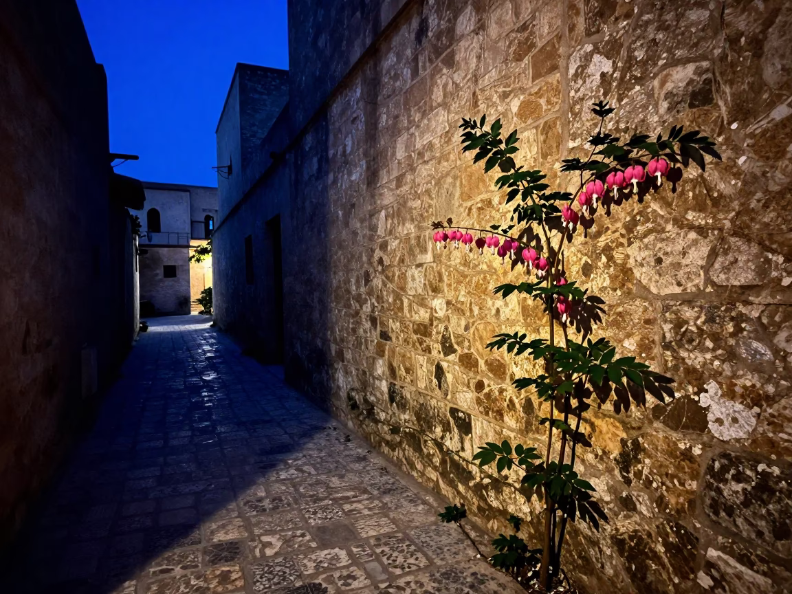 Predawn Light on Fez Morocco Stone Alleyway with Bleeding Heart Vine in in Fez, Morocco