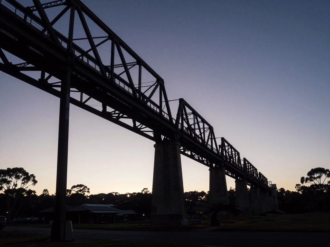 Predawn Light on Perth Railway Viaduct and Iron Peg Rails in in Perth, Western Australia, Australia