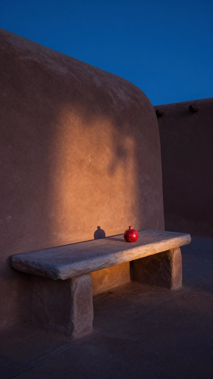 Predawn Light on Santa Fe Adobe Stone Bench and Pomegranate Tree in in Santa Fe, New Mexico, United States