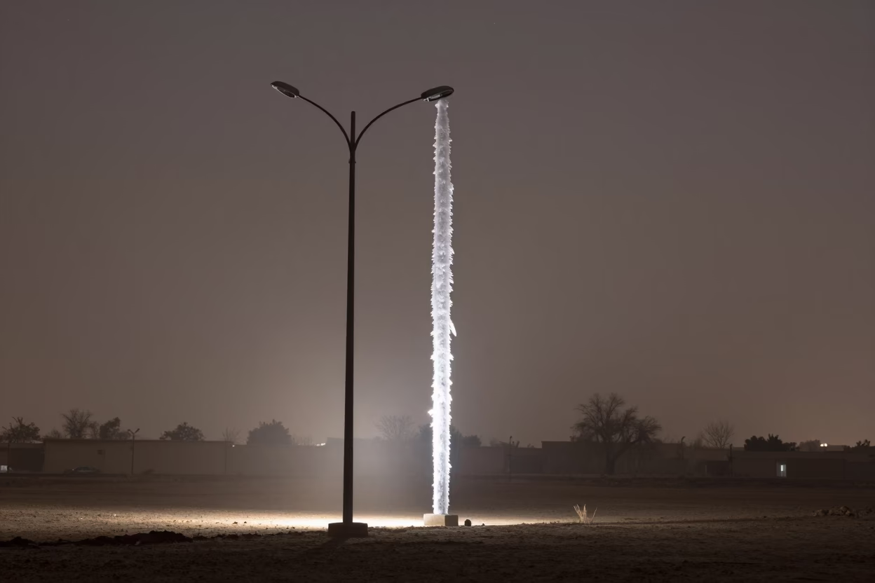 Predawn Light Pillar Rising From Streetlamp in near Charsadda