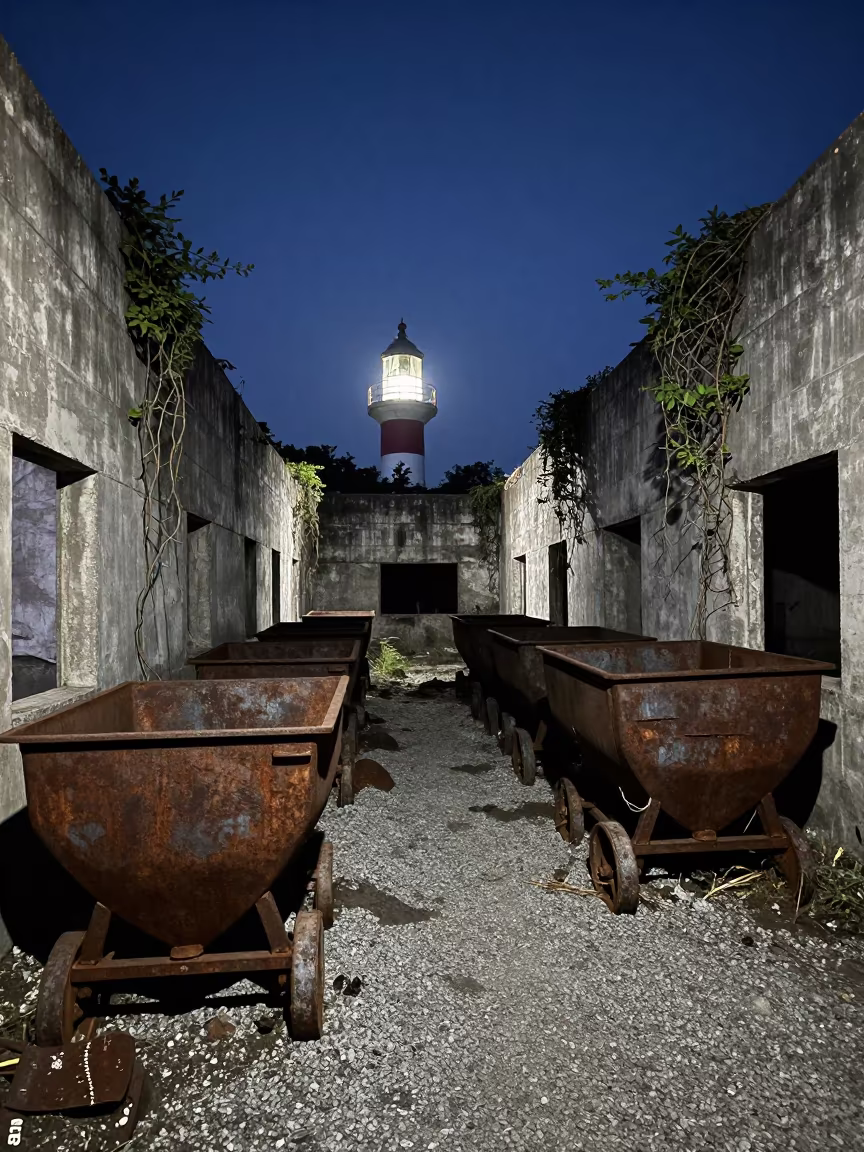 Predawn Light on Togo Mining Ruin in along a vine-choked corridor in Togo