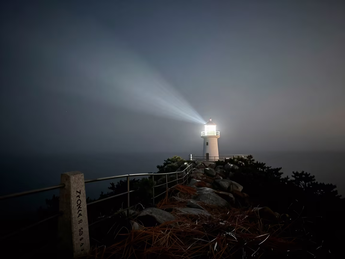 Predawn Lighthouse Beam Over South Korean Alpine Mist in from a quiet alpine saddle in South Korea