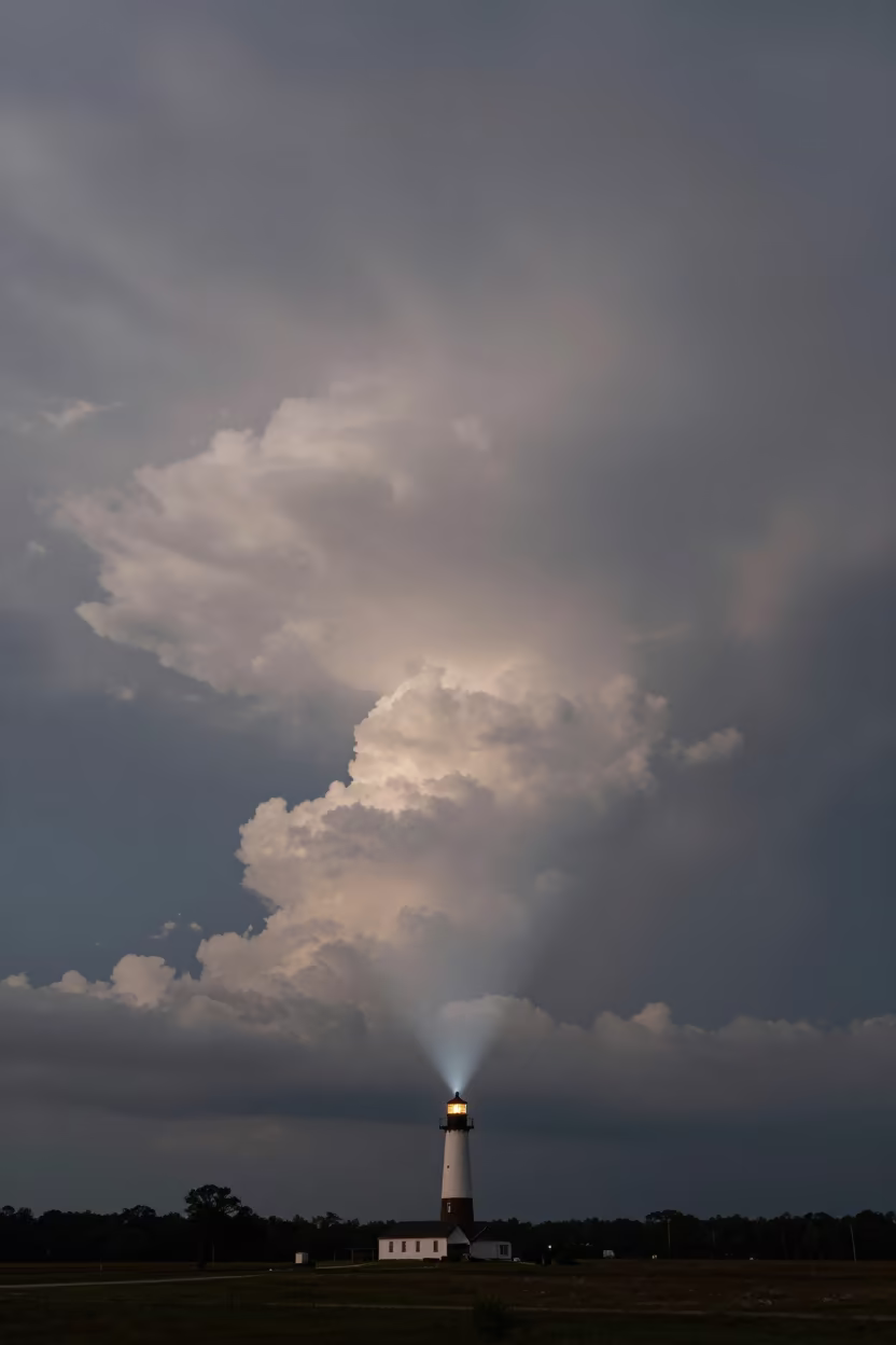 Predawn Lighthouse Beam Sweeps Cumulonimbus in in South Carolina