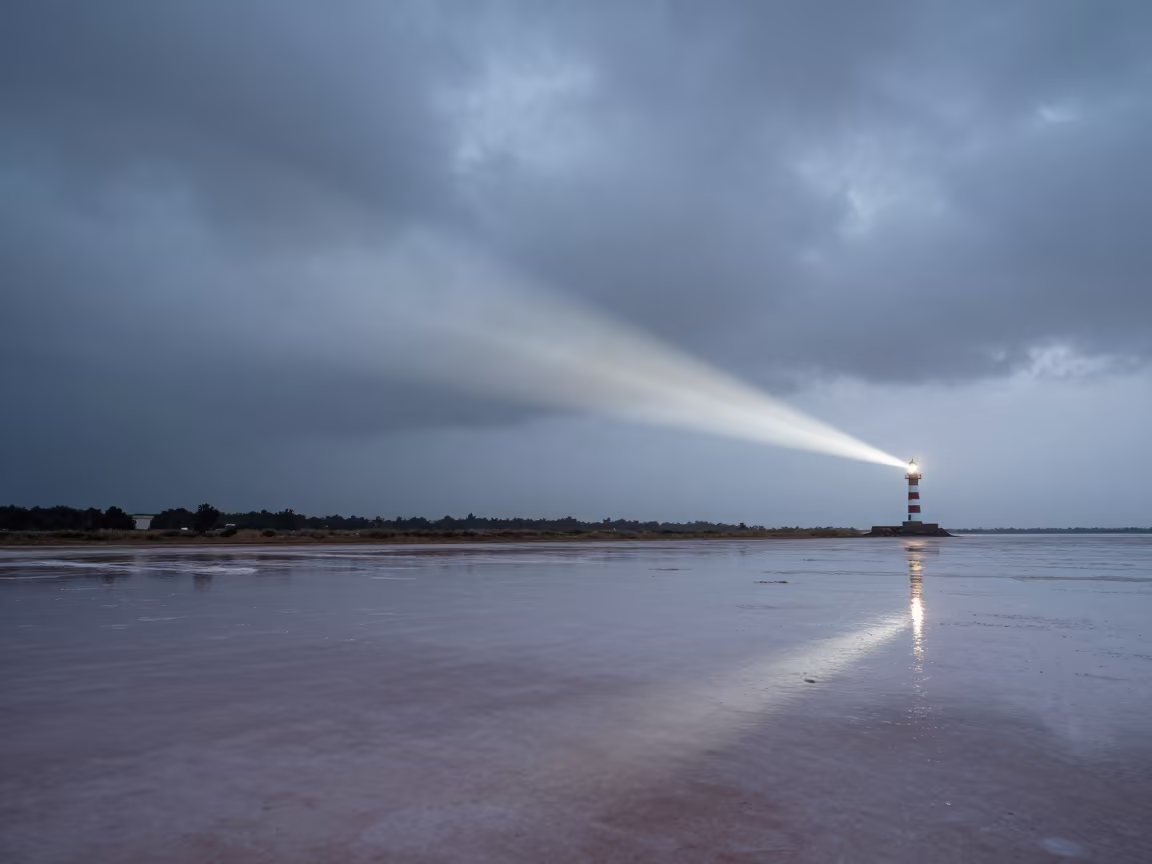 Predawn Lighthouse Sweep Over Rainy Salt Flat in across a floodplain after rain near Zaria
