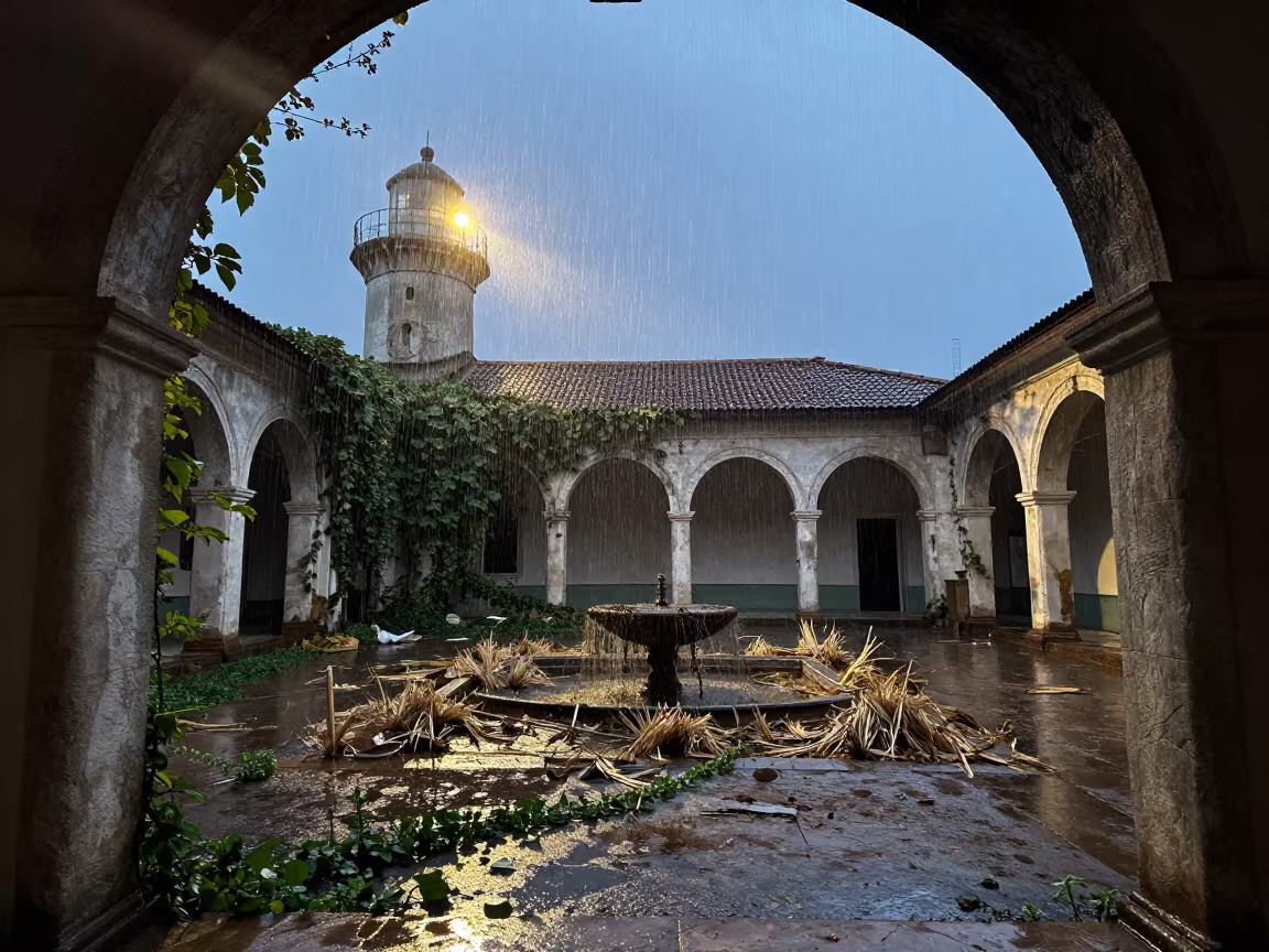 Predawn Lighthouse Sweep Over Crumbling Serbian Hacienda in among collapsed cloisters in Serbia