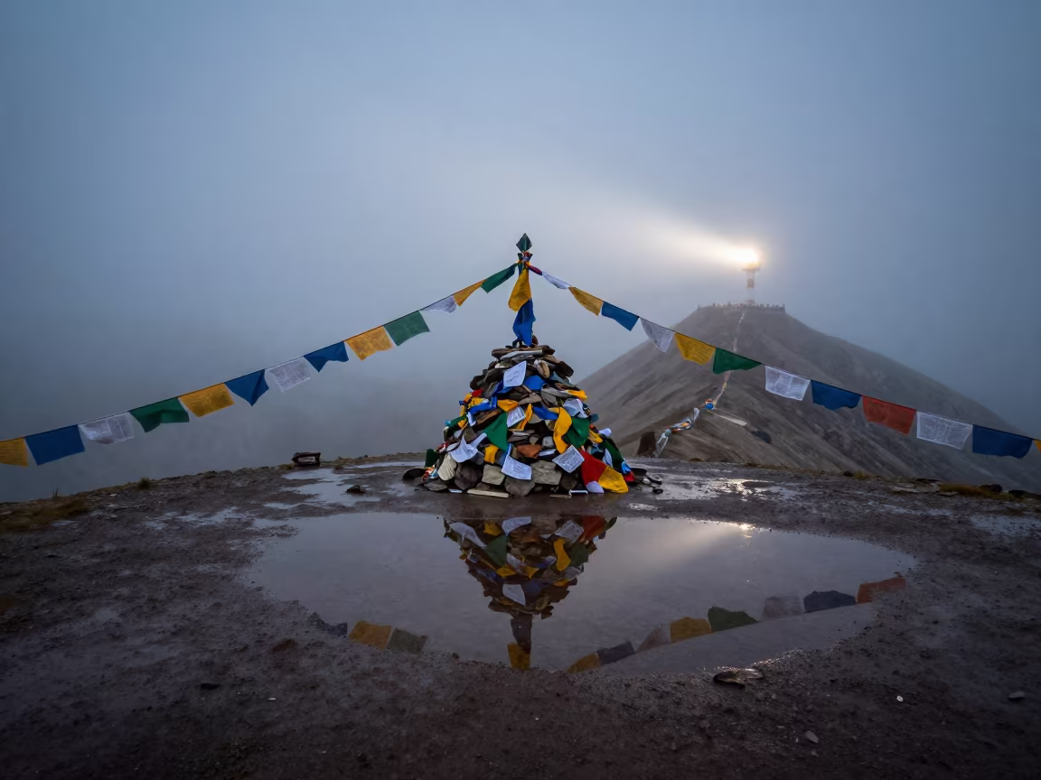 Predawn Lighthouse Sweep on Mountain Summit Cairn in beside a summit cairn above the tree line near Leh