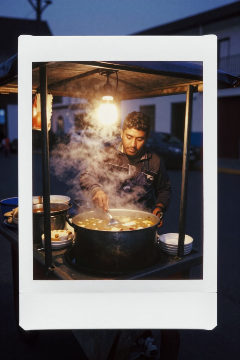 Predawn Lima Peru Street Food Vendor Preparing Hot Soup in Dark Alleyway in in Lima, Peru