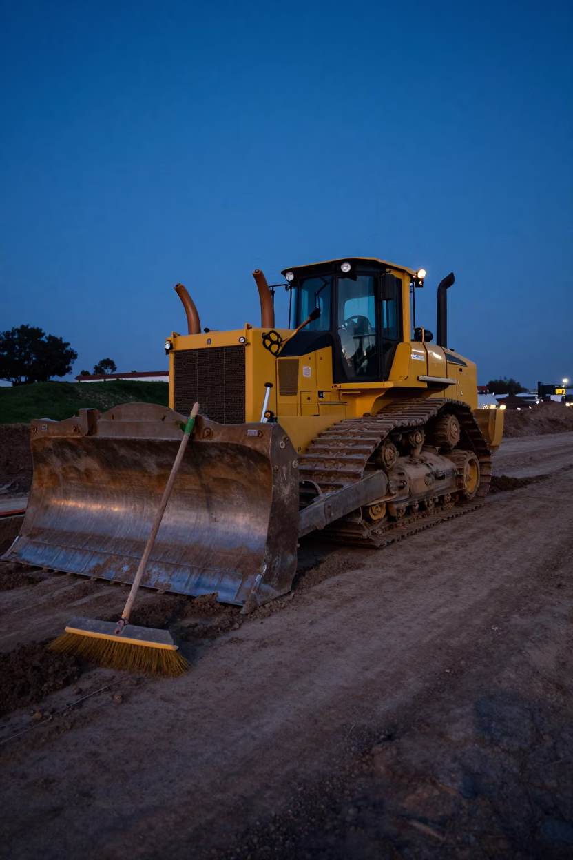 Predawn Lima Peru Street Scene with Bulldozer and Hand Broom in in Lima, Peru