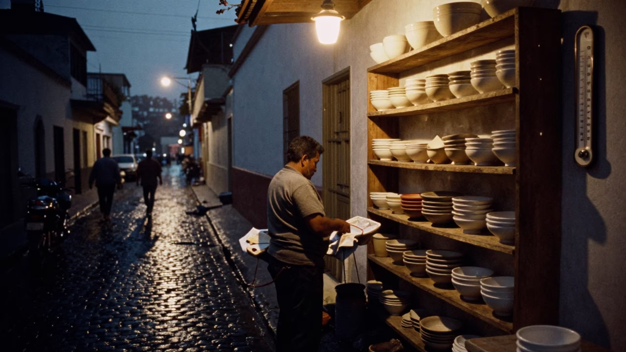Predawn Lima Peru Street Scene with Kitchen Shelves and Thermometer in Dark Alleyway in in Lima, Peru