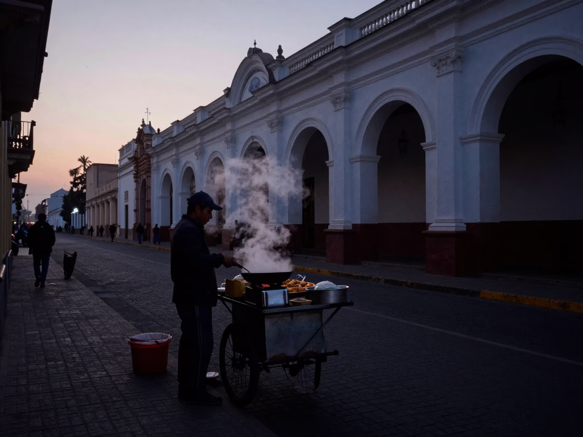 Predawn Lima Peru Street Scene with Steam Haze and Skillet in in Lima, Peru