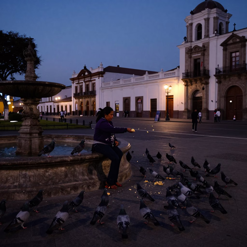 Predawn Lima Peru Street Scene with Woman Feeding Pigeons in Town Square in in Lima, Peru