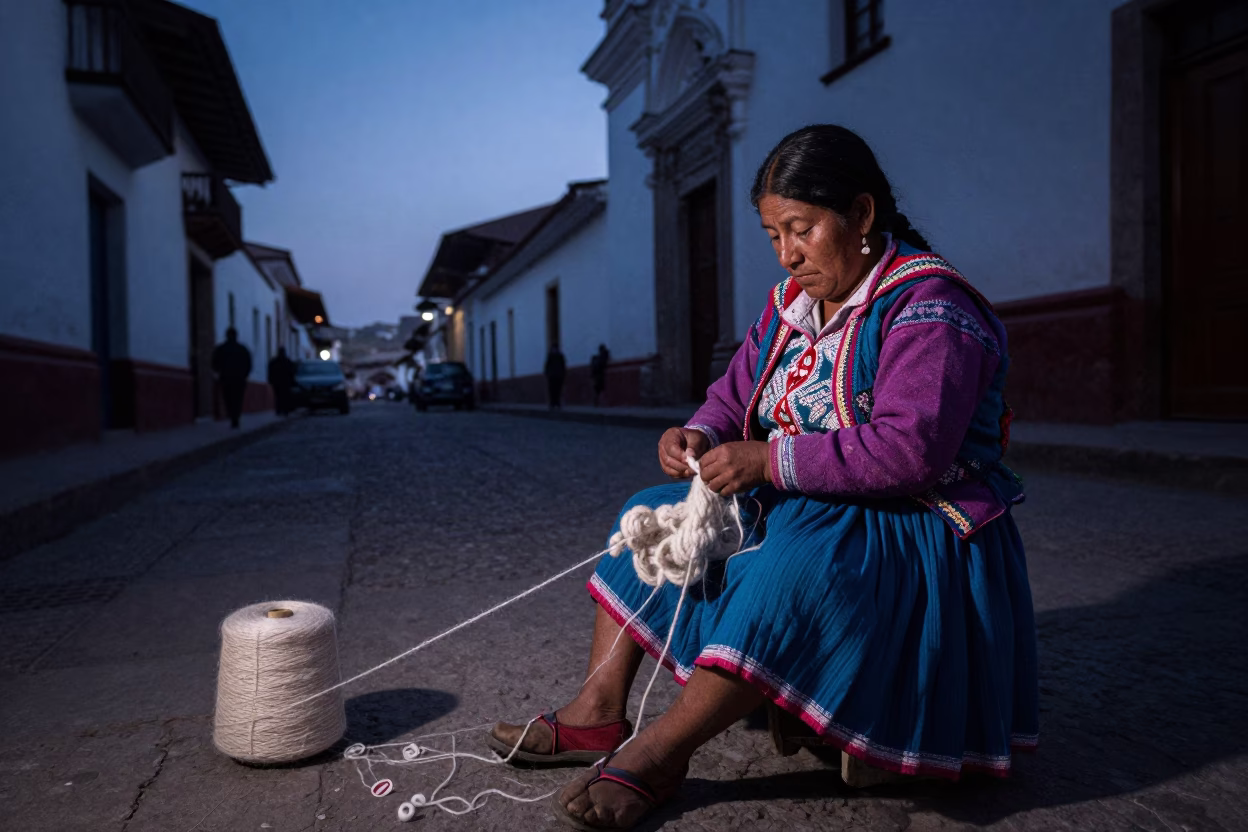 Predawn Lima Peru Street Scene with Woman Spinning Alpaca Wool and Wash Basin in in Lima, Peru