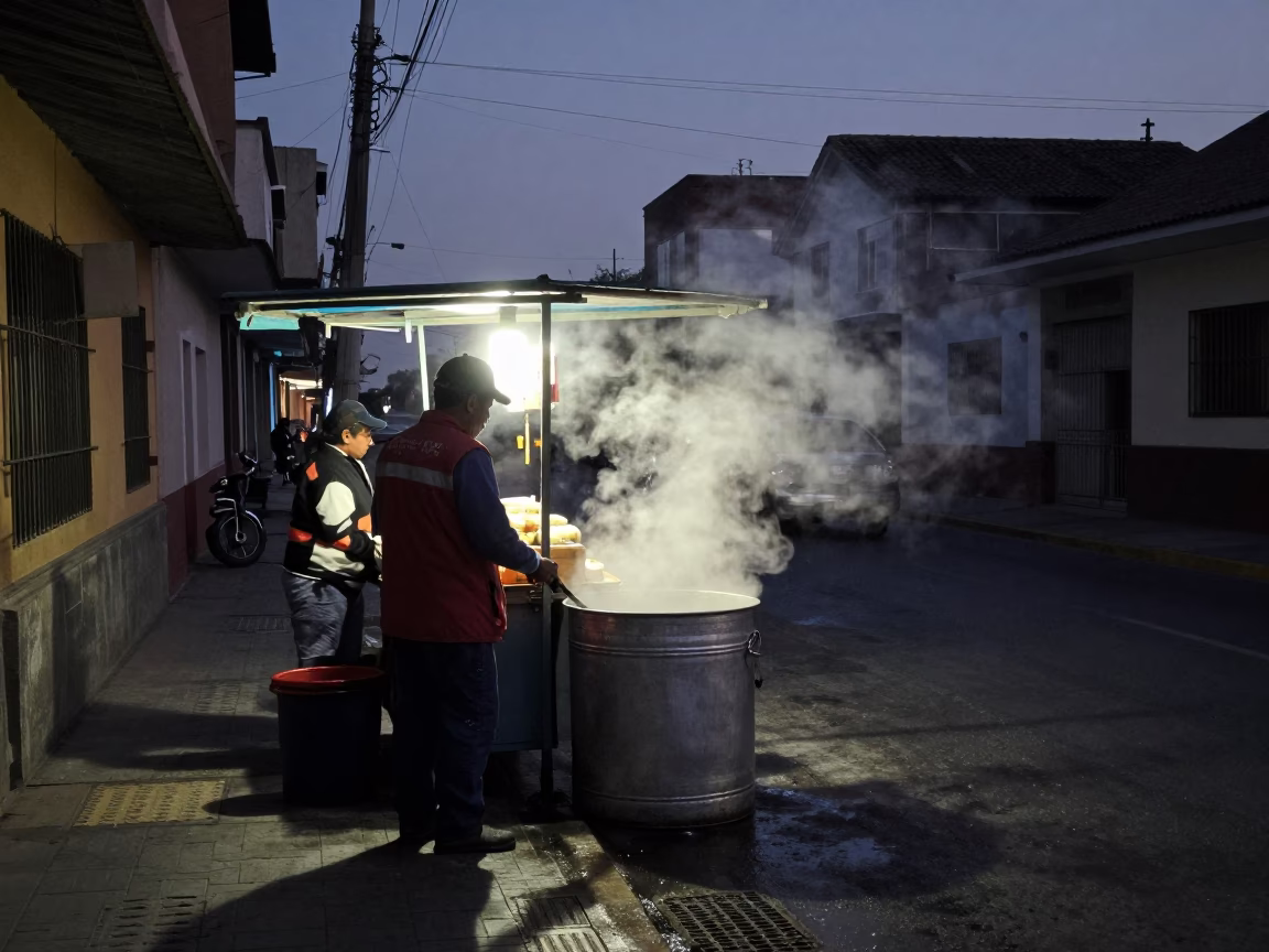 Predawn Lima Street Food Vendor Steam Haze Over Wash Basin in Darkness in in Lima, Peru