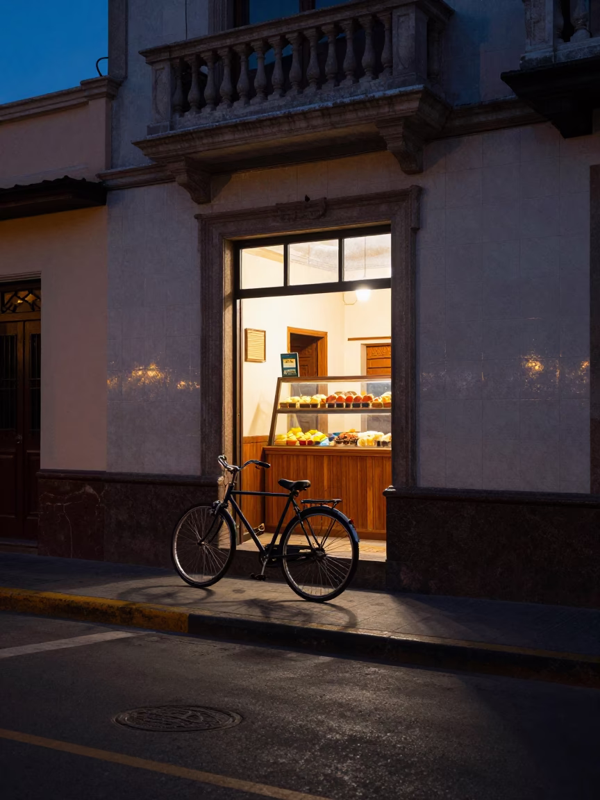 Predawn Lima Street Scene with Bicycle and Bakery Dawn Light in in Lima, Peru