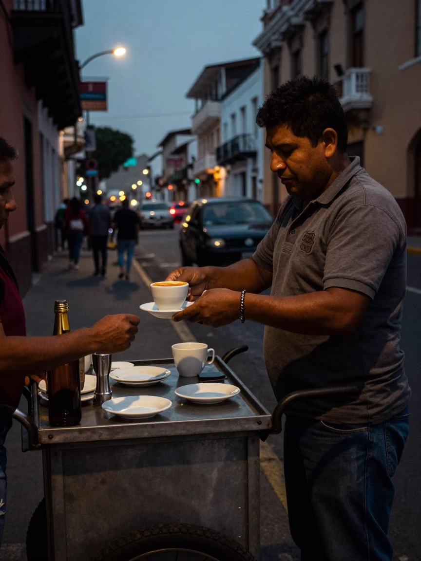 Predawn Lima Street Scene with Espresso Vendor and Urban Details in in Lima, Peru