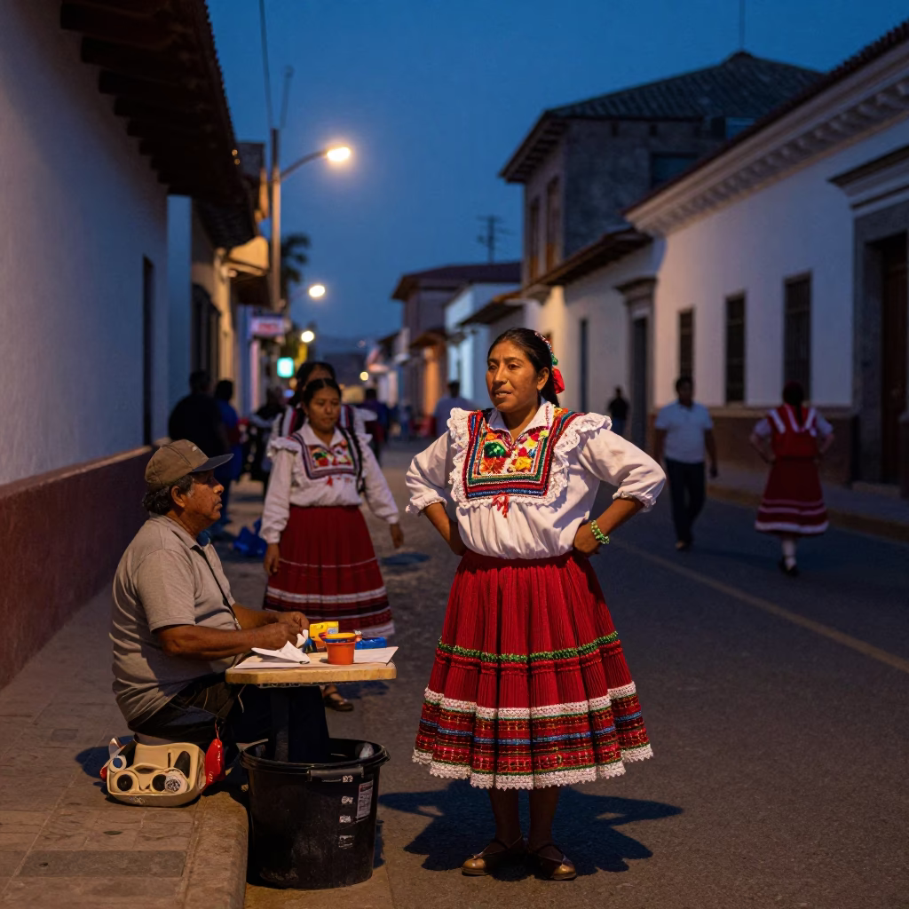 Predawn Lima Street Scene with Folk Dance Costumes and Local Market Activity in in Lima, Peru