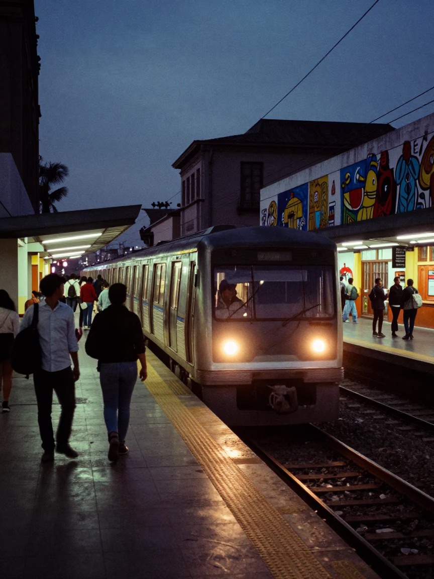 Predawn Lima Street Scene with Metro Train and Art-Adorned Station in in Lima, Peru