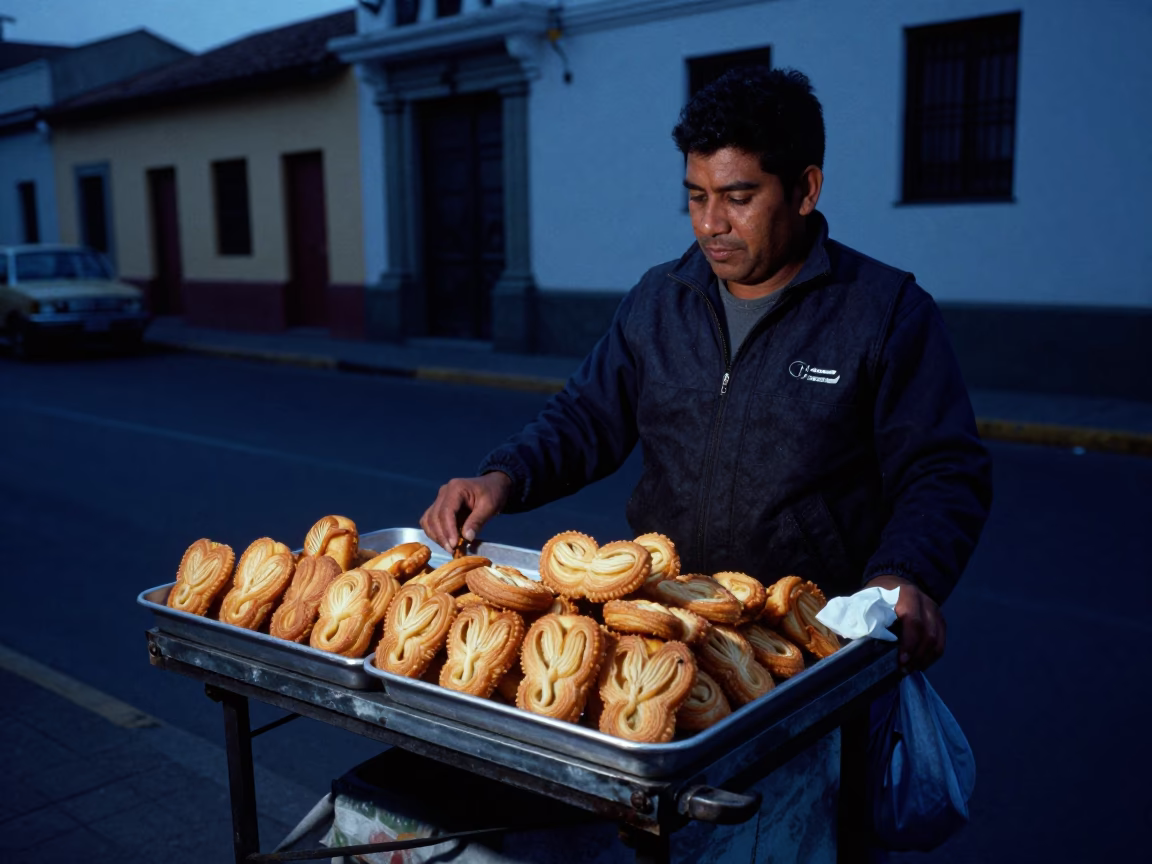 Predawn Lima Street Vendor Selling Palmiers in Dim Early Morning Light in in Lima, Peru