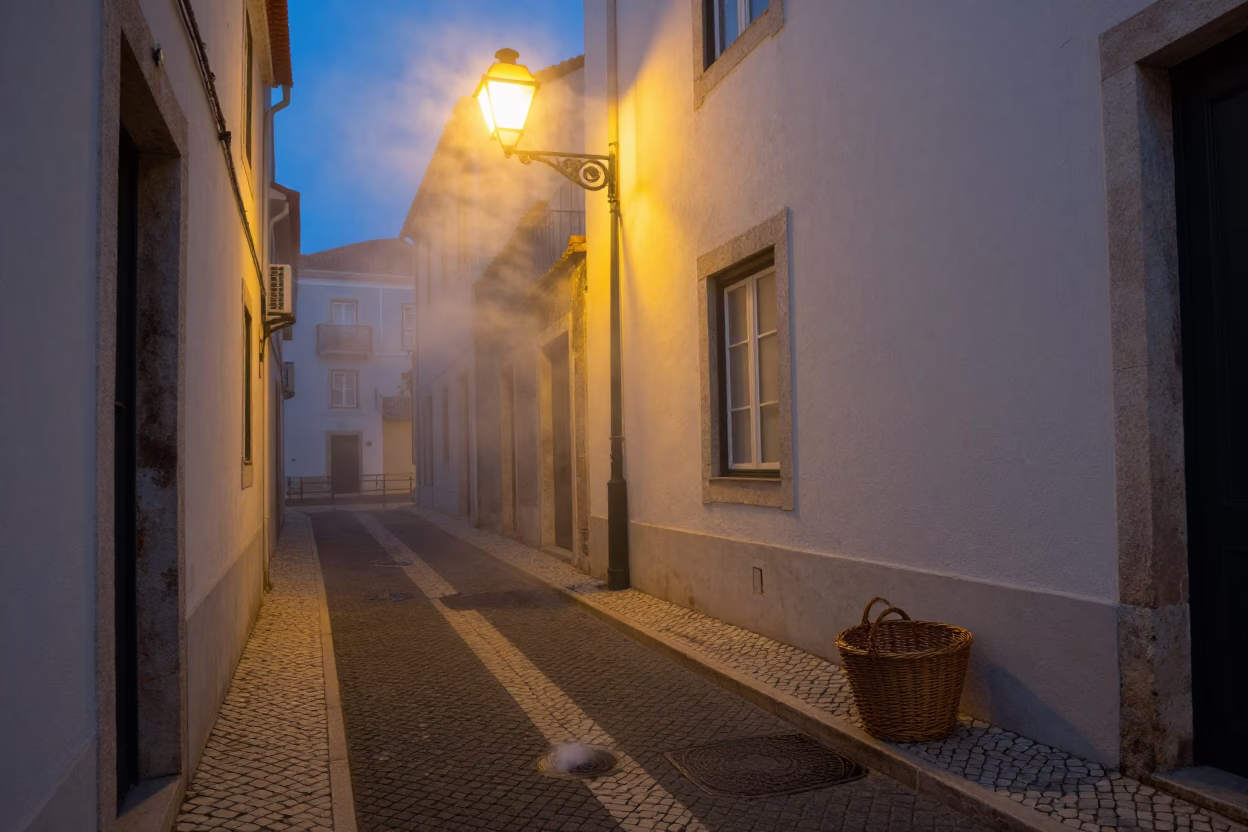 Predawn Lisbon Alley with Steam Haze and Wicker Basket Tray in in Lisbon, Portugal