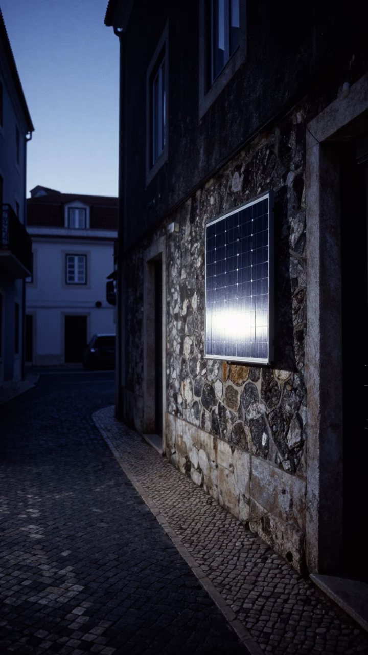 Predawn Lisbon Alleyway with Solar Array Reflection and Local Morning Routine in in Lisbon, Portugal
