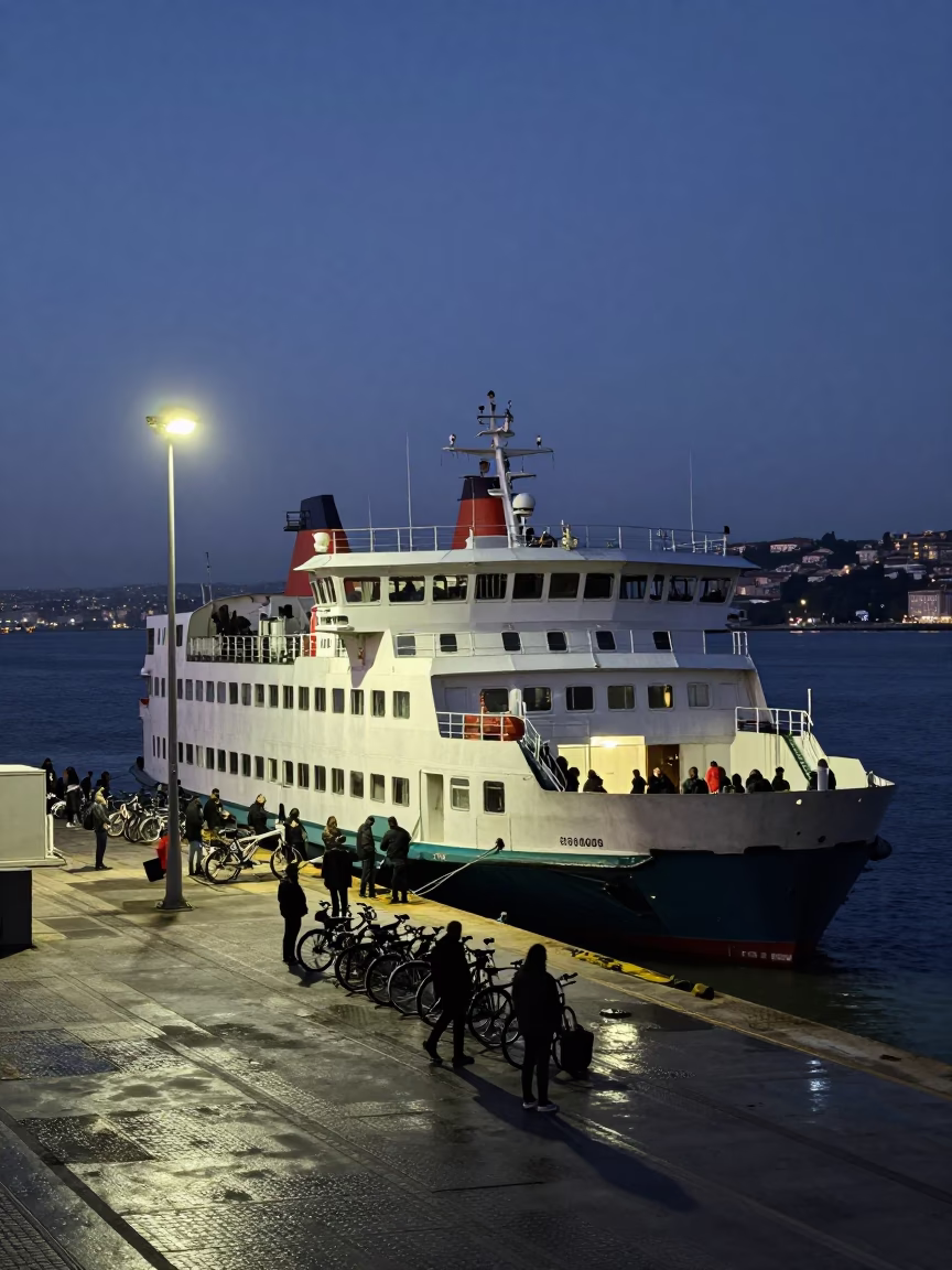 Predawn Lisbon Ferry Loading Passengers and Bicycles at the Dock in in Lisbon, Portugal