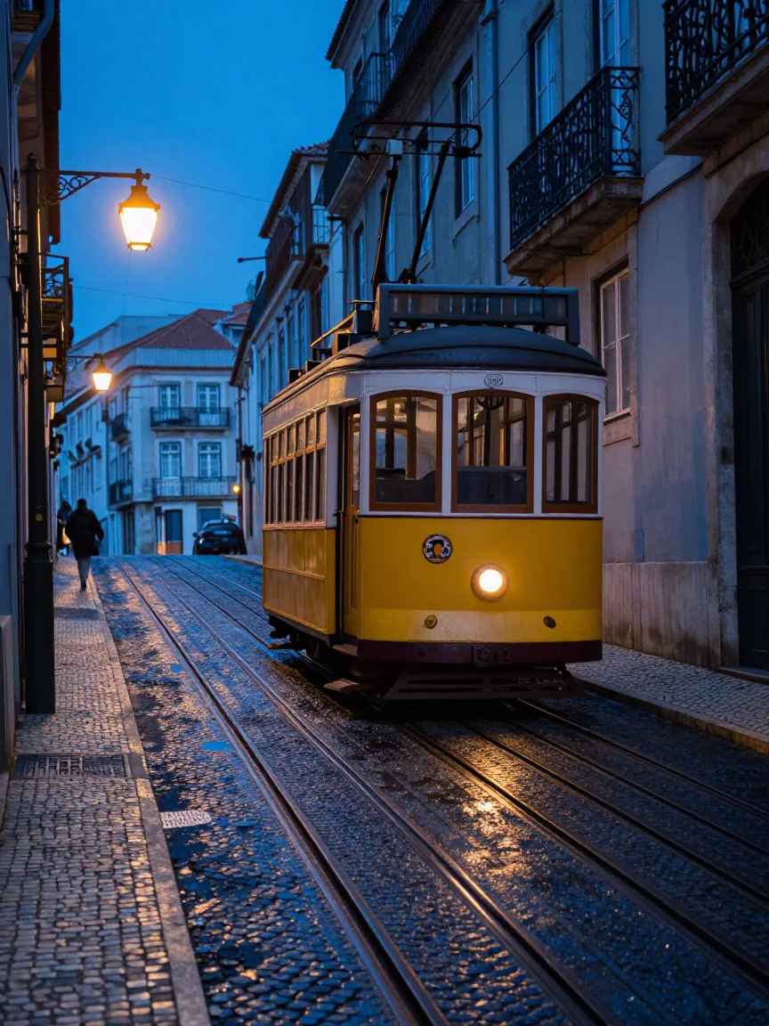 Predawn Lisbon Funicular Climbing Steep Hill in Early Morning Darkness in in Lisbon, Portugal