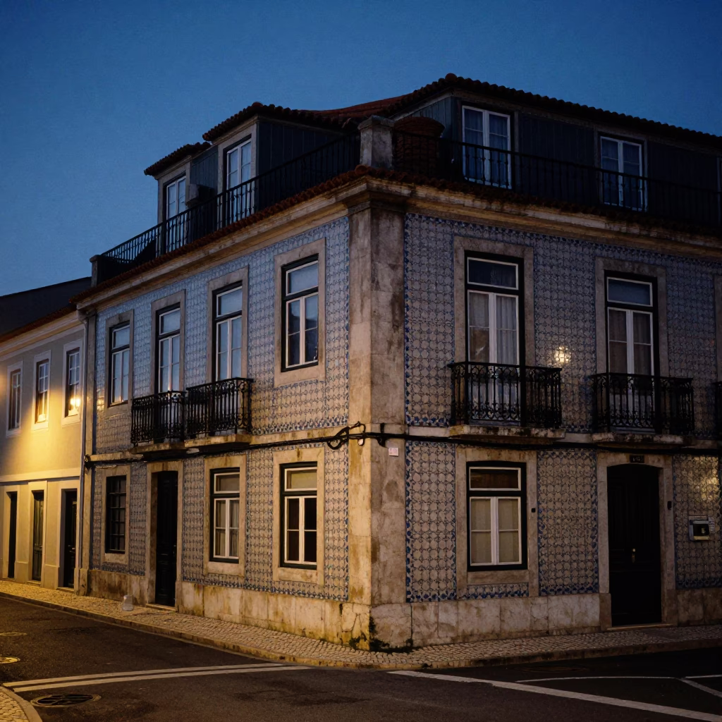 Predawn Lisbon Portugal street scene with historic tiled facade and empty sidewalk in in Lisbon, Portugal