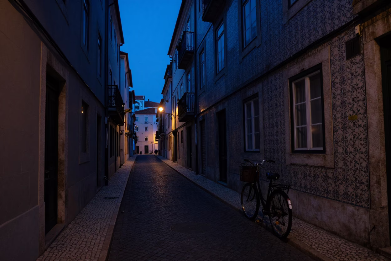 Predawn Lisbon Street Scene with Bicycle Basket and Window Smudges in Portugal in in Lisbon, Portugal