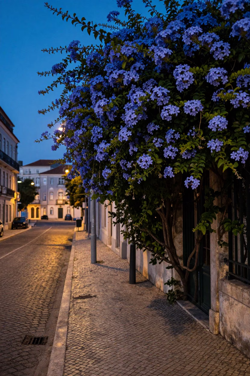 Predawn Lisbon Street Scene with Blue Plumbago Hedge and Vintage Tram Tracks in in Lisbon, Portugal