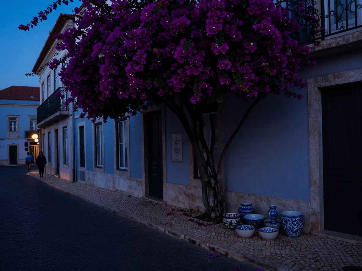 Predawn Lisbon Street Scene with Bougainvillea and Ceramic Bowls in in Lisbon, Portugal