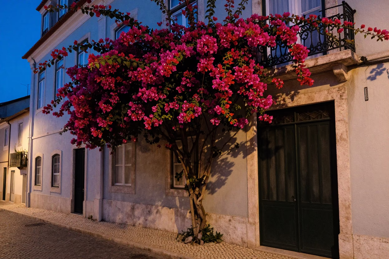 Predawn Lisbon Street Scene with Bougainvillea and Vintage Gate Handle in Portugal in in Lisbon, Portugal