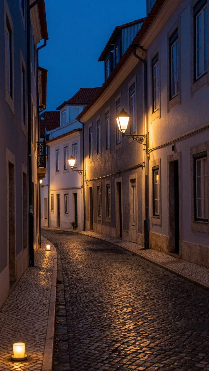 Predawn Lisbon Street Scene with Candlesticks and Wet Cobblestones in in Lisbon, Portugal