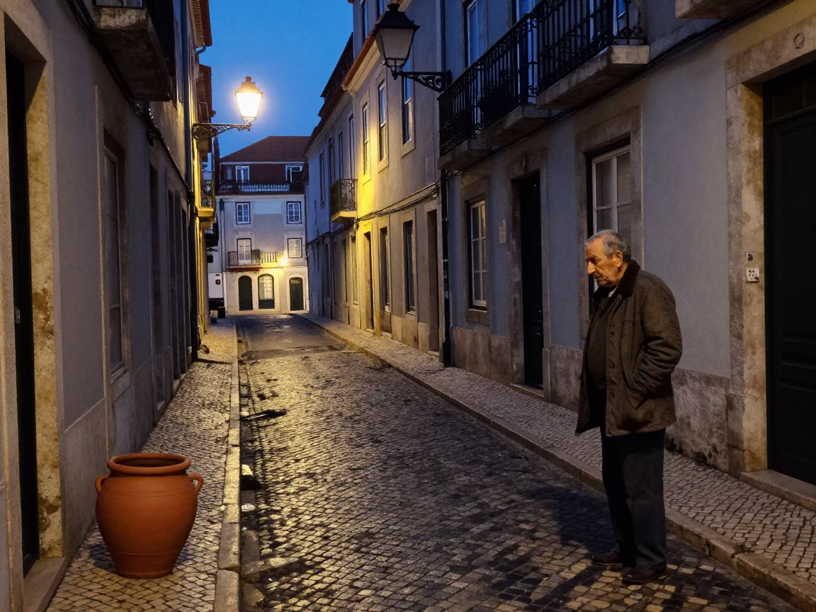 Predawn Lisbon Street Scene with Clay Pot and Stone Basin in Portugal in in Lisbon, Portugal