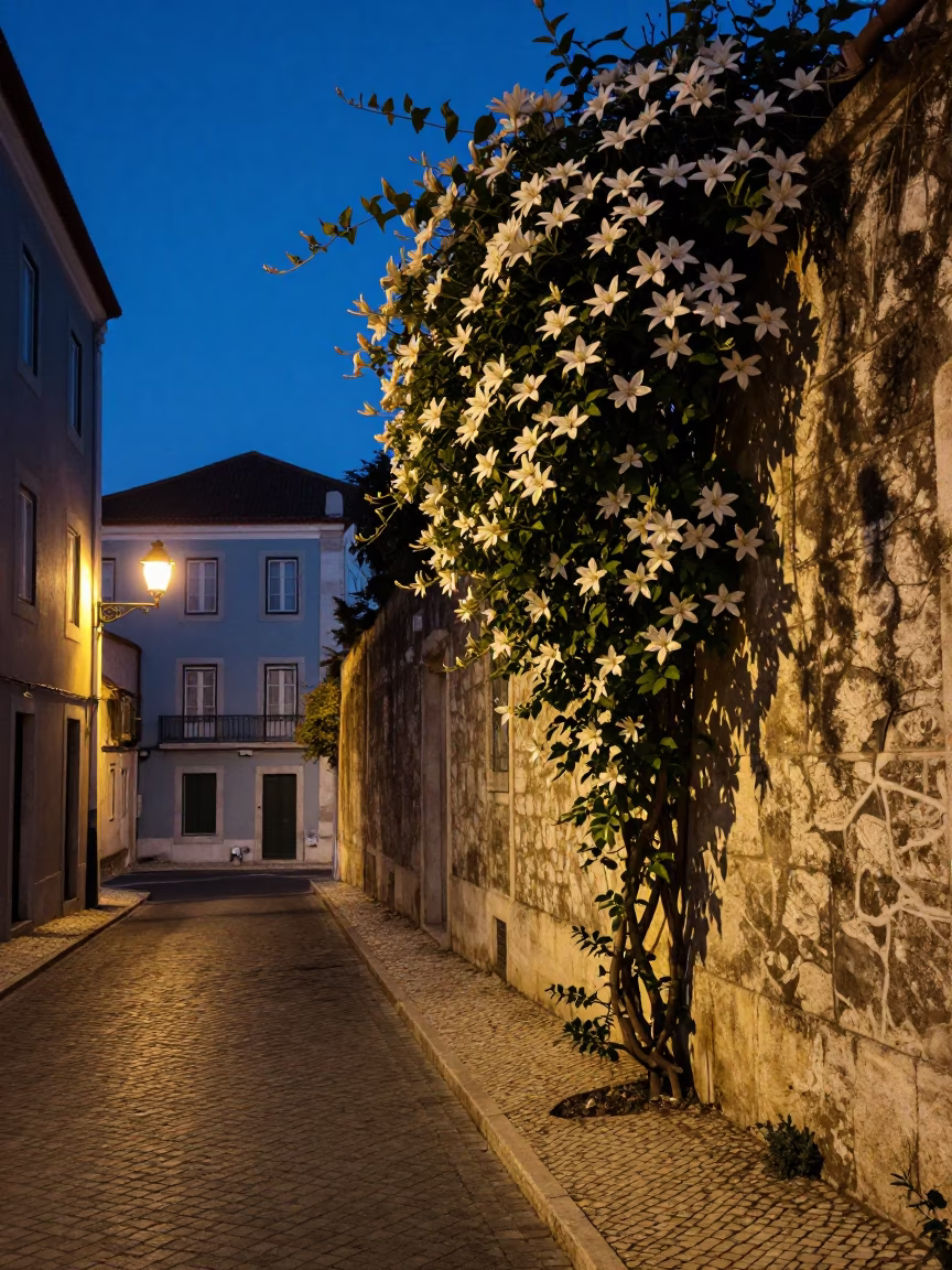 Predawn Lisbon Street Scene with Clematis Vine on Traditional Stone Wall in in Lisbon, Portugal