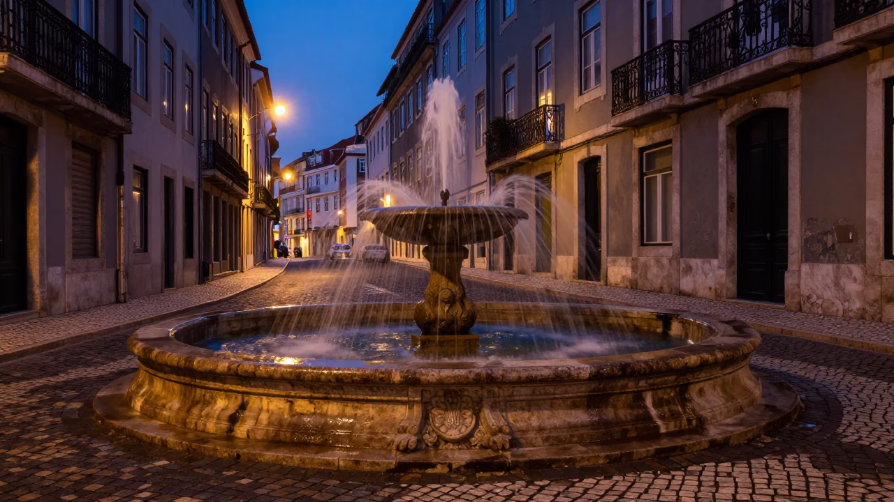 Predawn Lisbon street scene with fountain spray and stone details in in Lisbon, Portugal