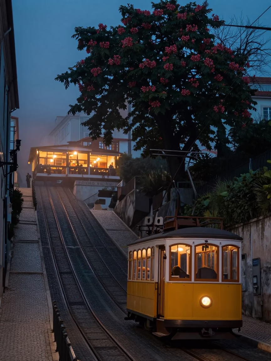 Predawn Lisbon Street Scene with Funicular and Chestnut Tree in in Lisbon, Portugal