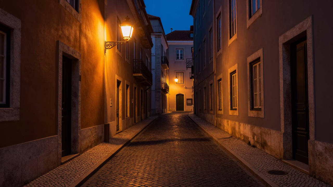 Predawn Lisbon Street Scene with Glowing Lantern and Polished Brass Details in in Lisbon, Portugal