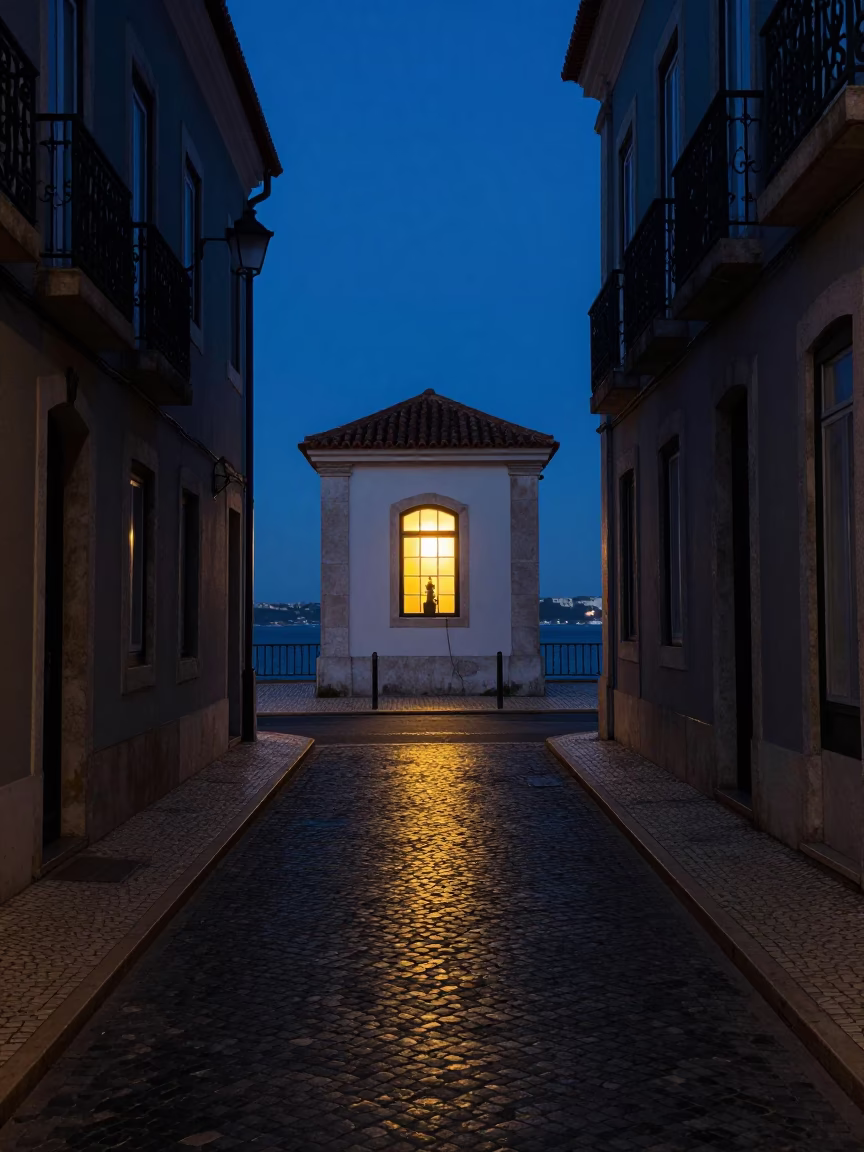 Predawn Lisbon Street Scene with Glowing Pump House Window Over Floodwater in in Lisbon, Portugal