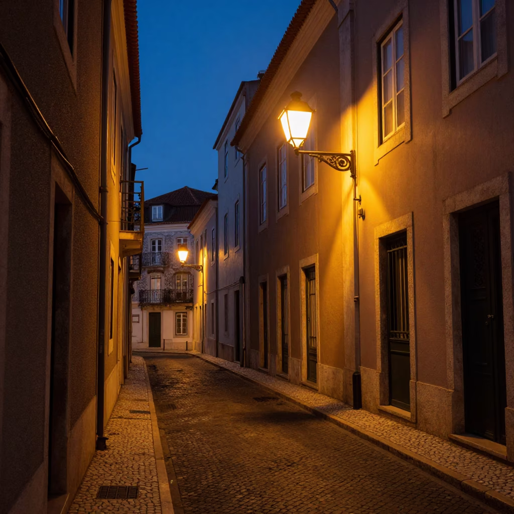 Predawn Lisbon Street Scene with Grease Sheen on Lamp Base and Brushed Steel Hinge in in Lisbon, Portugal