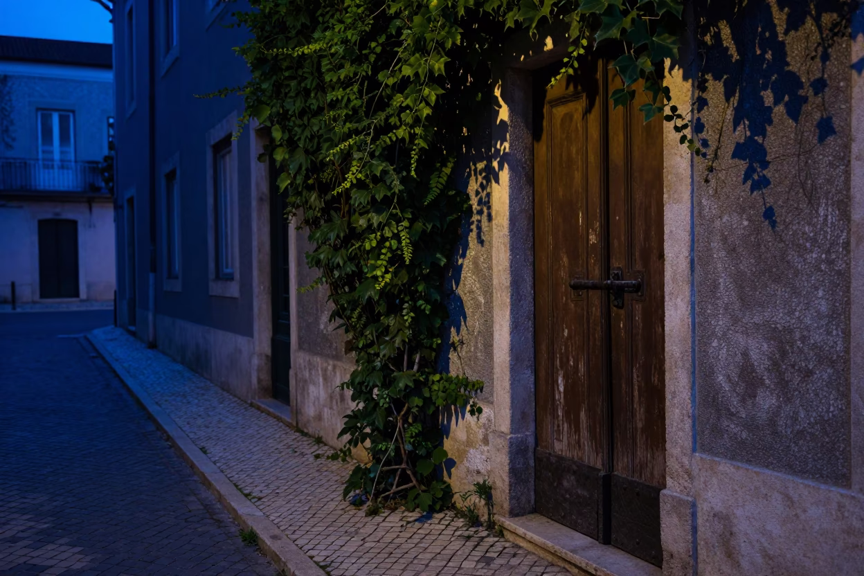 Predawn Lisbon Street Scene with Iron Deadbolt and Ivy on Brick Wall in in Lisbon, Portugal